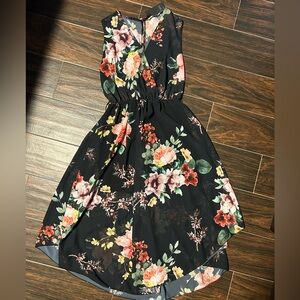 New Collection Italy Black Floral V-Neck High-Low Dress With Built In Shorts